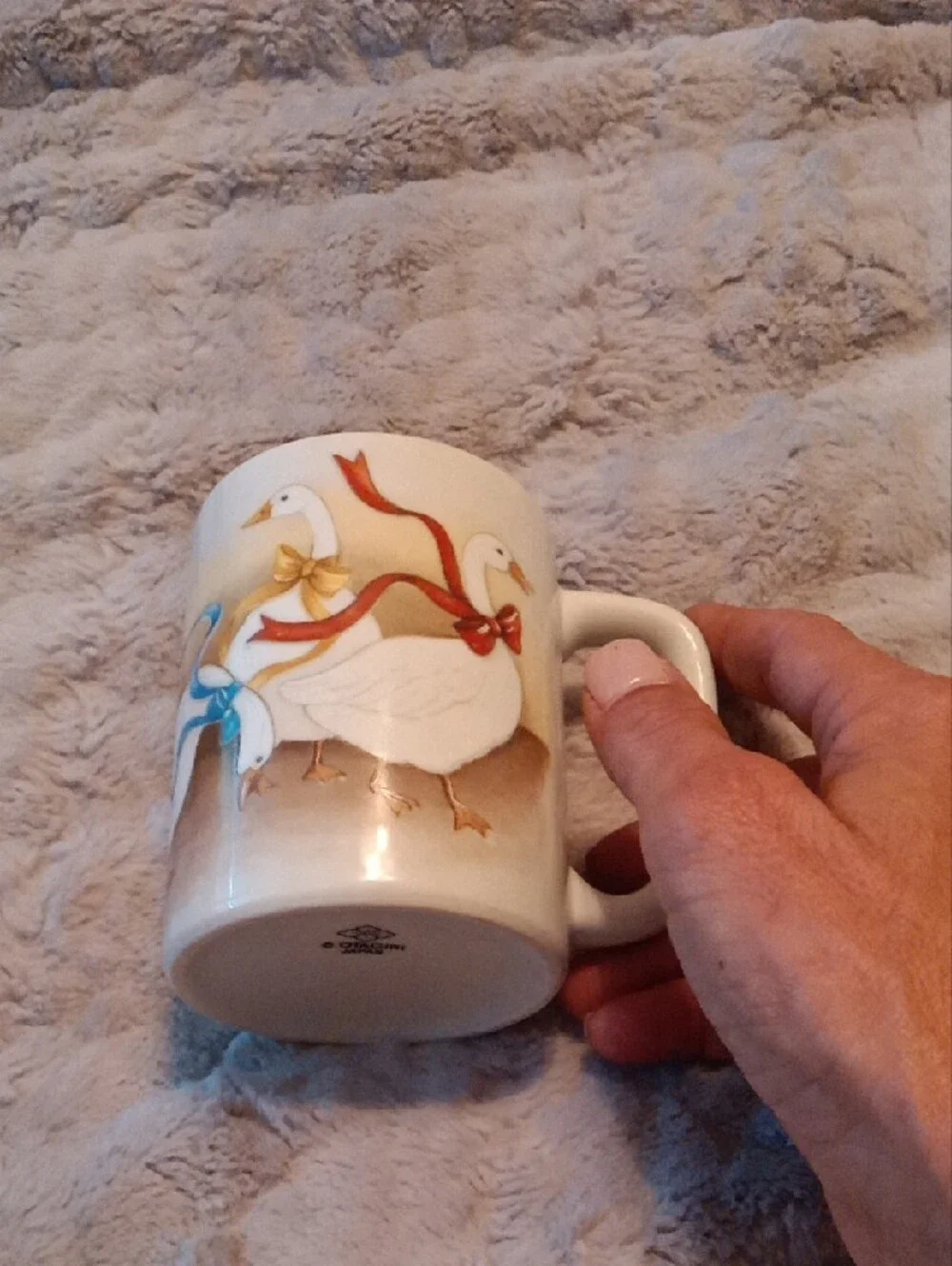 White Ceramic Goose Mug with Festive Ribbons